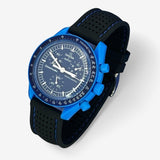 Bracelet MoonSwatch Premium en Caoutchouc Perforé Neptune: Noir Bleu