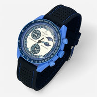 Bracelet MoonSwatch Premium en Caoutchouc Perforé Blue Moon: Noir Bleu