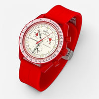 Bracelet MoonSwatch en Caoutchouc Rainuré à Clips Rouge Argent