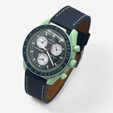 Bracelet Moonswatch Mission On Earth Autres: Cuir Nato Toile Cuir texturé : Bleu Marine Blanc