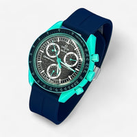 Bracelet MoonSwatch en Caoutchouc Rainuré à Clips Polar Lights: Bleu Marine Argent