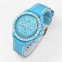 Bracelet Moonswatch Mission to Uranus Caoutchouc 2 Bandes : Bleu Clair Blanc