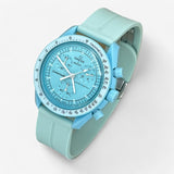 Bracelet MoonSwatch en Caoutchouc Rainuré à Clips Bleu Cyan Argent