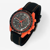 Bracelet MoonSwatch Premium en Caoutchouc Perforé Lava: Noir Orange