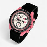 Bracelet MoonSwatch en Cuir Véritable Clair Pink Moonphase: Noir