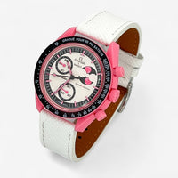 Bracelet MoonSwatch en cuir texturé Pink Moonphase: Blanc
