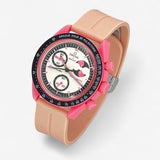 Bracelet MoonSwatch en Caoutchouc Rainuré à Clips Pink Moonphase: Rose Argent