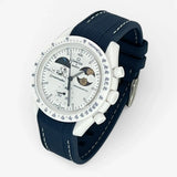 Bracelet Moonswatch Mission To Earthphase - Moonshine Gold Cold Moon Caoutchouc Premium : Bleu Marine Blanc