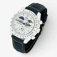 Bracelet Moonswatch Mission To Earthphase - Moonshine Gold Cold Moon Cuir Bleu Marine