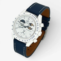 Bracelet Moonswatch Mission To Earthphase - Moonshine Gold Cold Moon Cuir Texturé : Bleu Marine Blanc