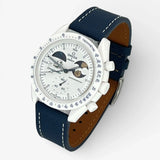 Bracelet Moonswatch Mission To Earthphase - Moonshine Gold Cold Moon Cuir Texturé : Bleu Marine Blanc