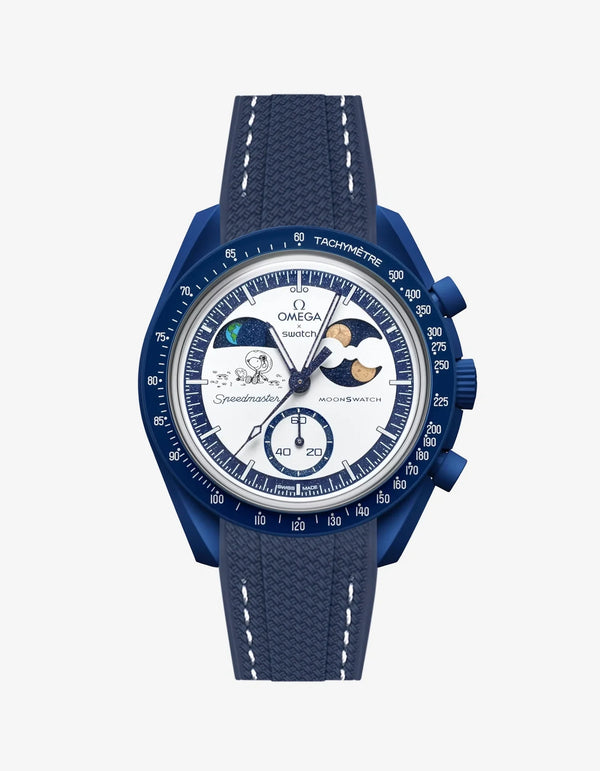 Bracelet Moonswatch Mission to Earthphase - Moonshine Gold Caoutchouc Premium : Bleu Marine Blanc
