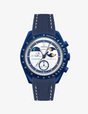Bracelet Moonswatch Mission to Earthphase - Moonshine Gold Caoutchouc Premium : Bleu Marine Blanc