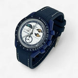 Bracelet Moonswatch Mission to Earthphase - Moonshine Gold Caoutchouc Premium : Bleu Marine Blanc