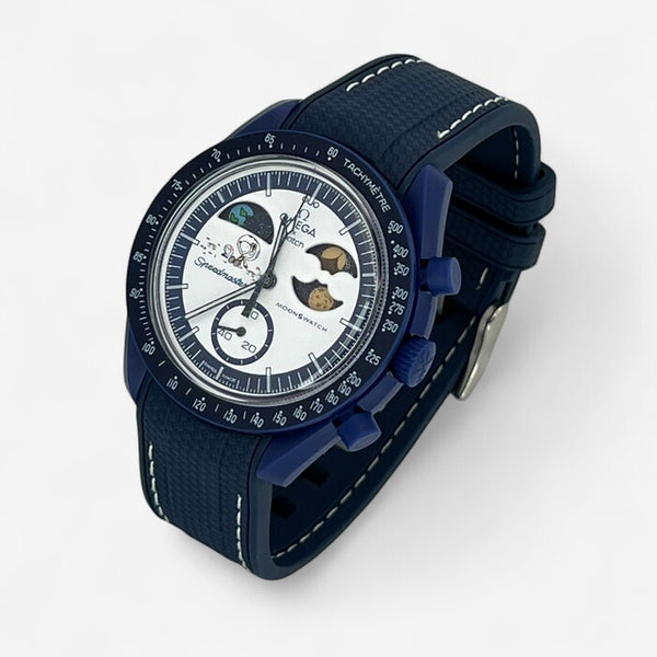 Bracelet Moonswatch Mission to Earthphase - Moonshine Gold Caoutchouc Premium : Bleu Marine Blanc