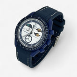 Bracelet Moonswatch Mission to Earthphase - Moonshine Gold Caoutchouc Premium : Bleu Marine Blanc