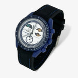 Bracelet Moonswatch Mission to Earthphase - Moonshine Gold Caoutchouc Premium : Noir Bleu