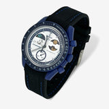 Bracelet Moonswatch Mission to Earthphase - Moonshine Gold Caoutchouc Premium : Noir Bleu