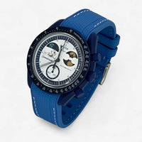 Bracelet Moonswatch Mission to Earthphase - Moonshine Gold Caoutchouc Premium : Bleu Blanc