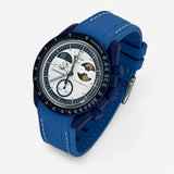 Bracelet Moonswatch Mission to Earthphase - Moonshine Gold Caoutchouc Premium : Bleu Blanc