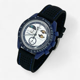 Bracelet Moonswatch Mission to Earthphase - Moonshine Gold Caoutchouc Premium perforé: Noir Bleu