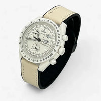 Bracelet Moonswatch Mission to the Moonphase - Full Moon - Snoopy Cuir Lisse : Blanc