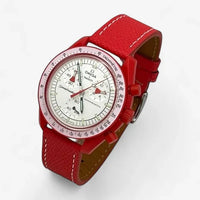 Bracelet Moonswatch Mission to Mars Cuir Texturé : Rouge Blanc