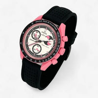 Bracelet MoonSwatch Premium en Caoutchouc Perforé Pink Moonphase: Noir+ Boucle Noire
