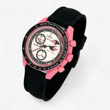 Bracelet MoonSwatch Premium en Caoutchouc Perforé Pink Moonphase: Noir+ Boucle Noire